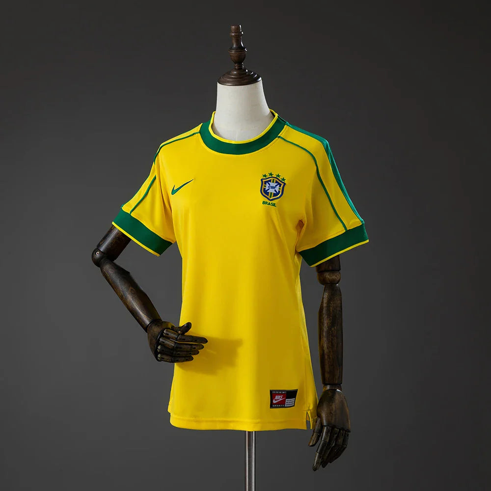 Camiseta retro Brasil 1998 mujer, amarilla con cuello verde - vista frontal