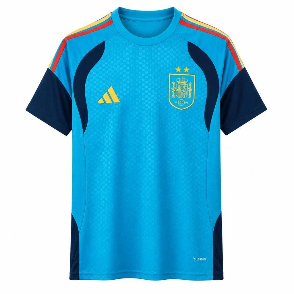 Camiseta España pre-partido 2026 azul celeste con dos estrellas - vista frontal
