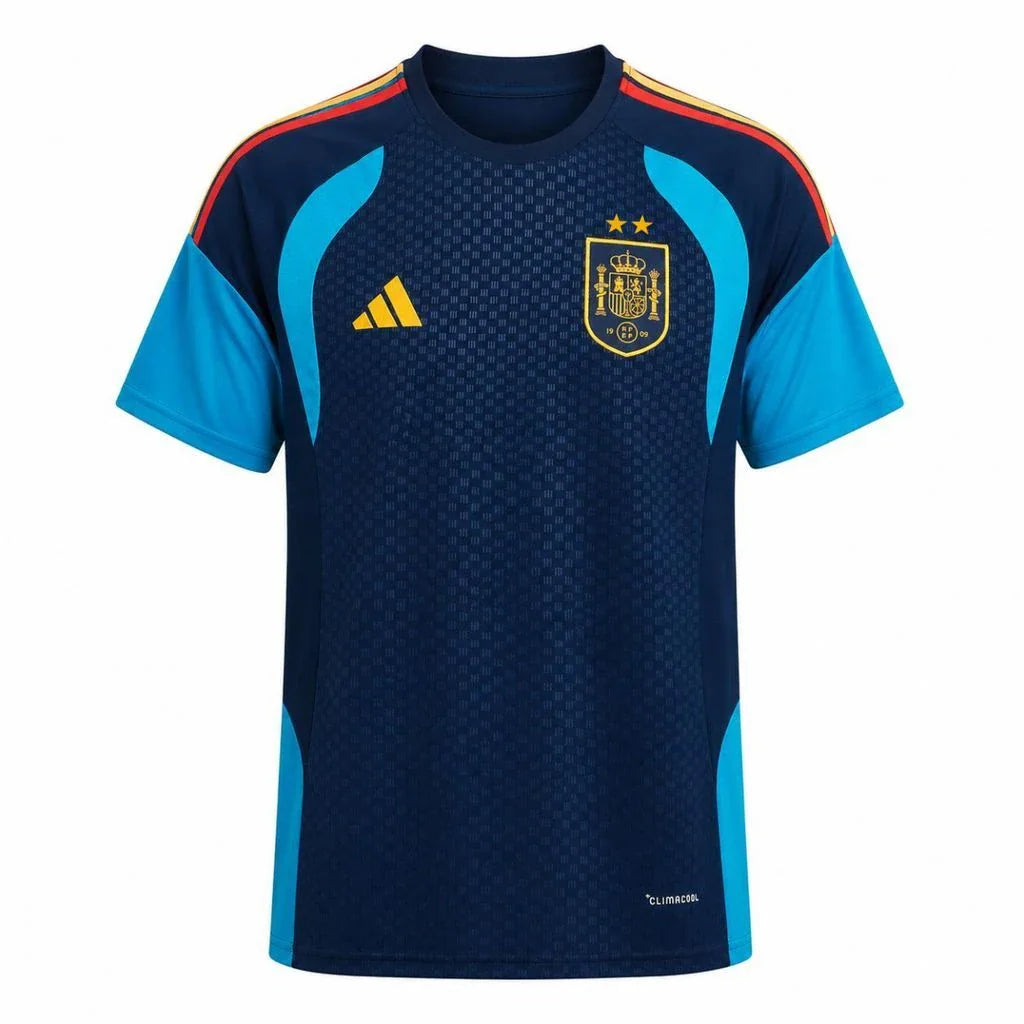 Camiseta España pre-partido 2026 azul marino con dos estrellas - vista frontal