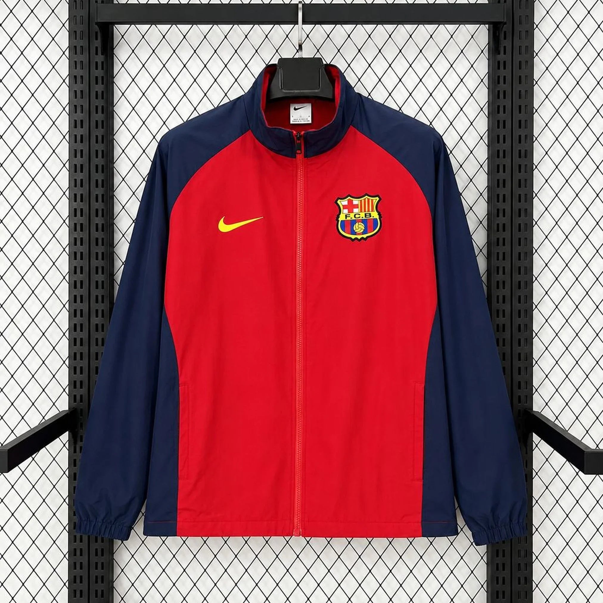 Chaqueta cortavientos retro del Barcelona granate y azul marino - vista frontal