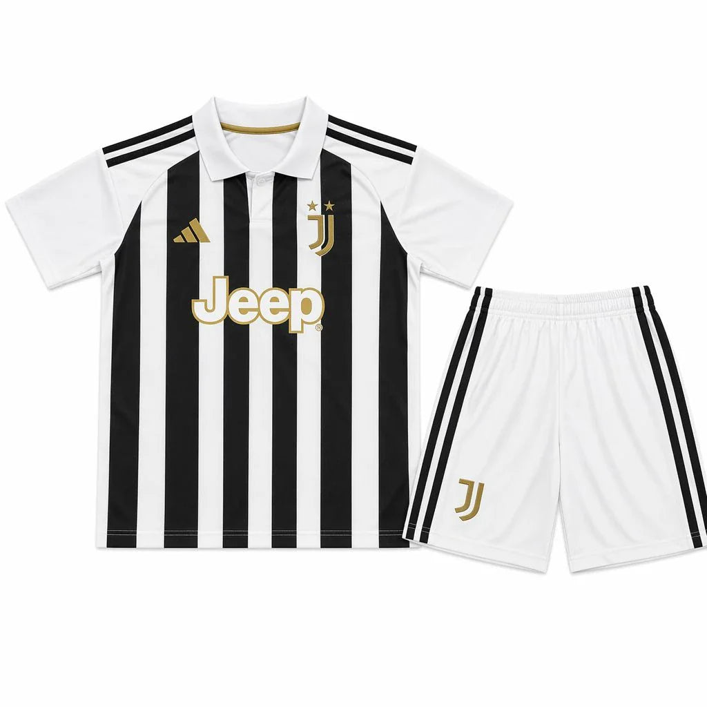 Conjunto infantil a rayas blancas y negras de la Juventus 26/27 - vista frontal