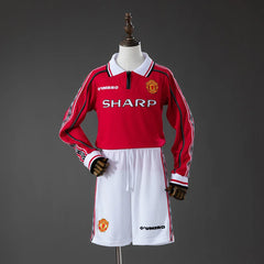 Conjunto retro del Manchester United 98/99 para niños con camiseta roja de manga larga - vista frontal