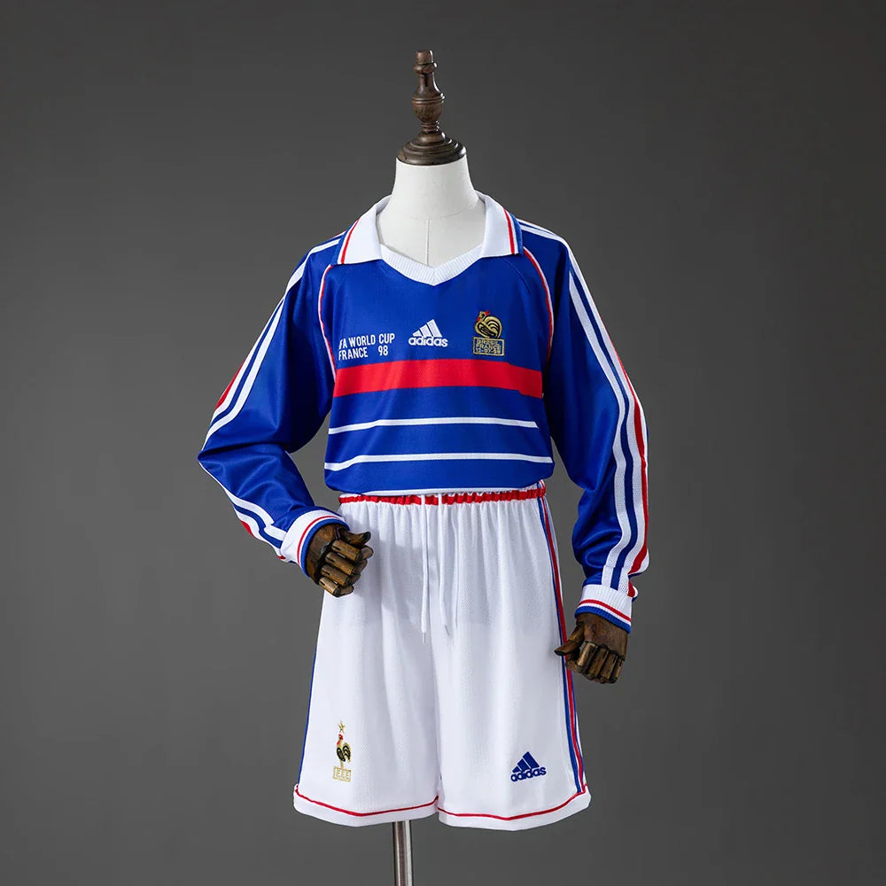 Conjunto retro de Francia 1998 para niños con camiseta azul de manga larga - vista frontal