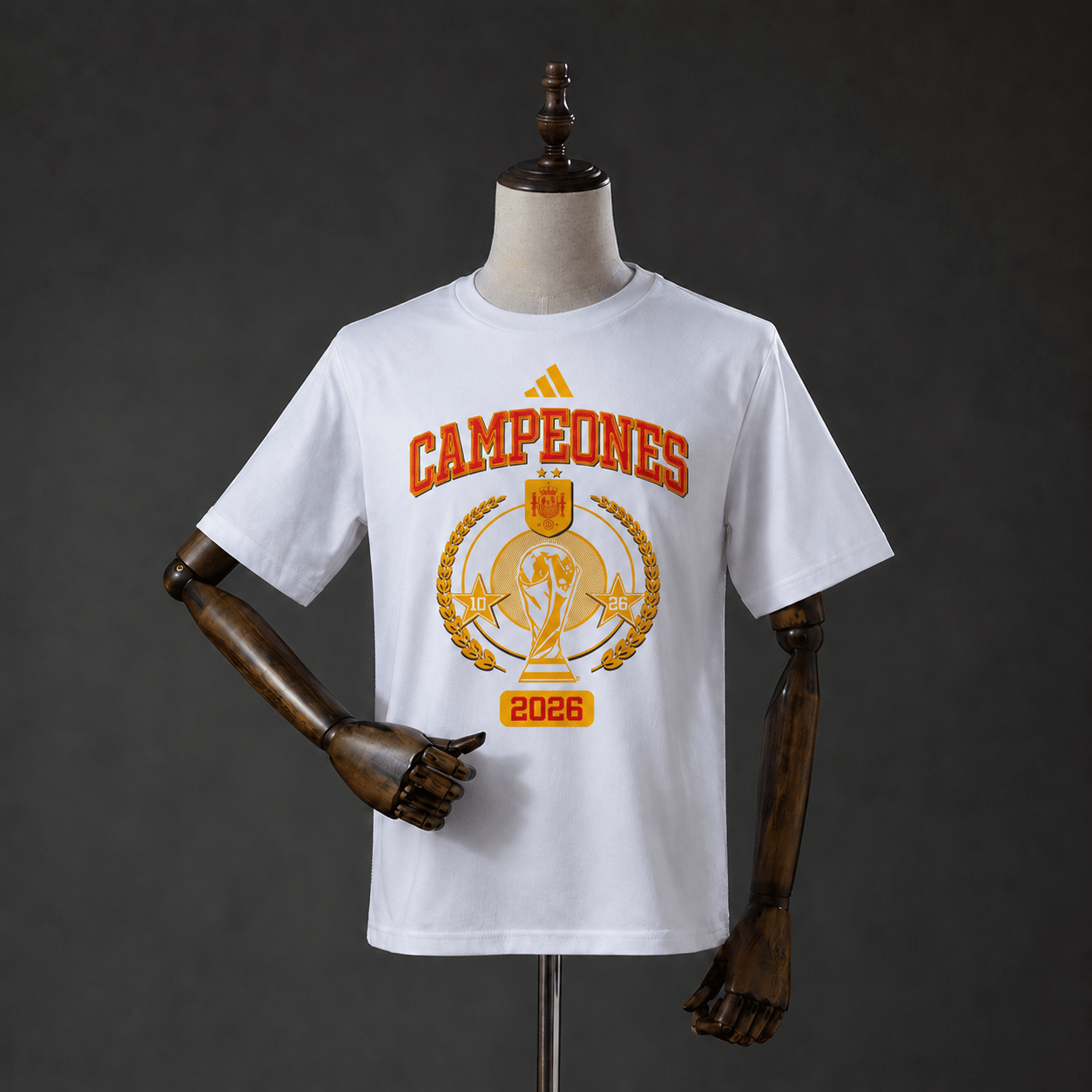 Camiseta España Campeones 2026 blanca con trofeo - vista frontal