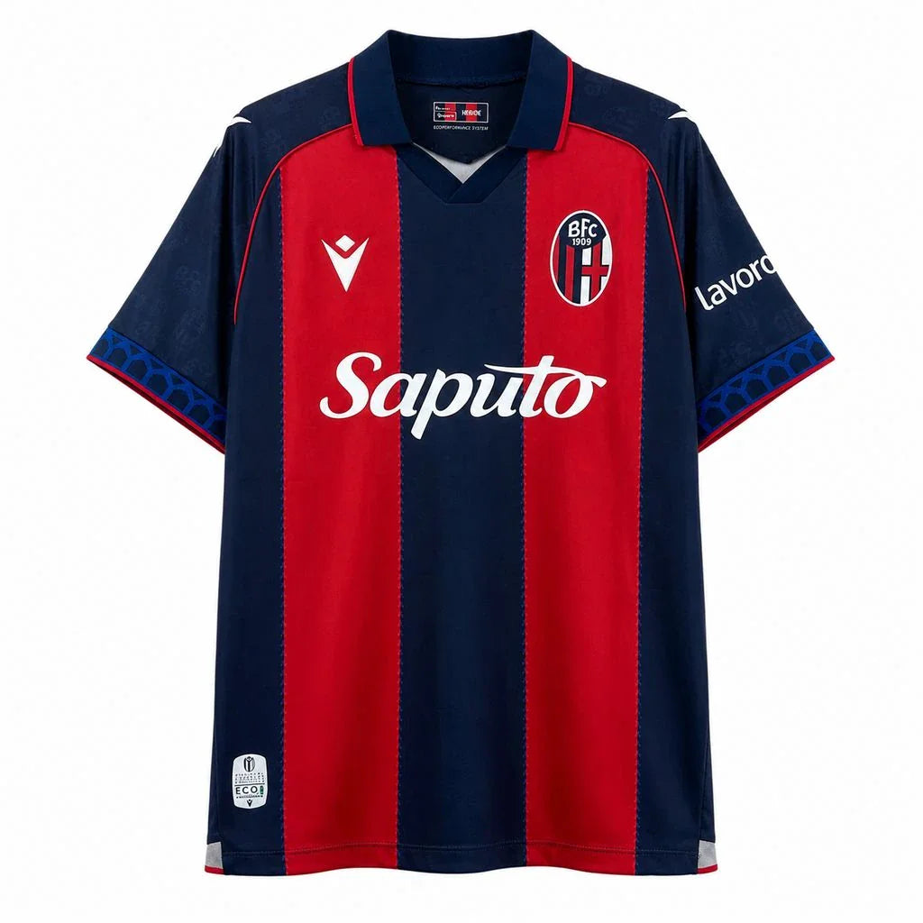 Camiseta a franjas rojas y azul marino del Bologna primera equipación 26/27 - vista frontal